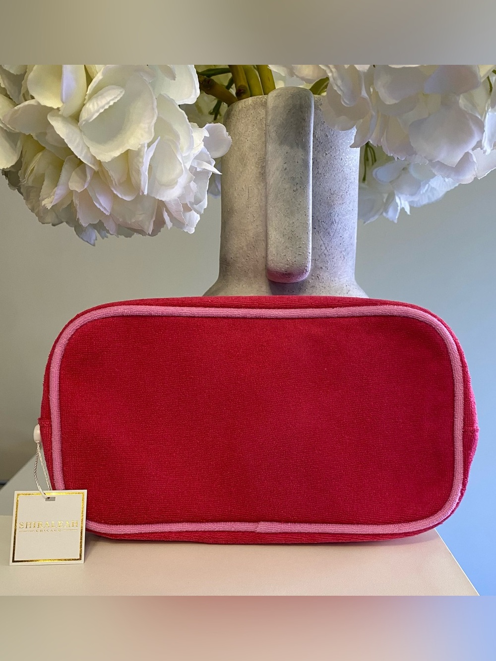 NWT Shiraleah Hot Pink Small Terry Cosmetic Zip Pouch with Light Pink Trim